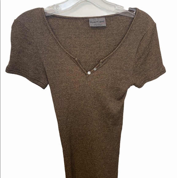 MICHAEL STARS Gold Cotton Nylon Blend Short Sleeve Top LL - Picture 3 of 4